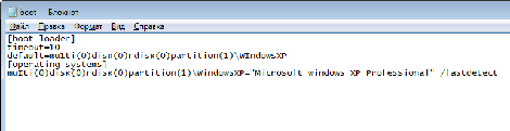 Файл boot.ini отвечающий за загрузку операционной системы в Windows XP